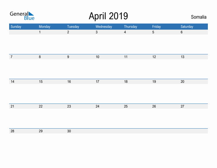 Fillable April 2019 Calendar