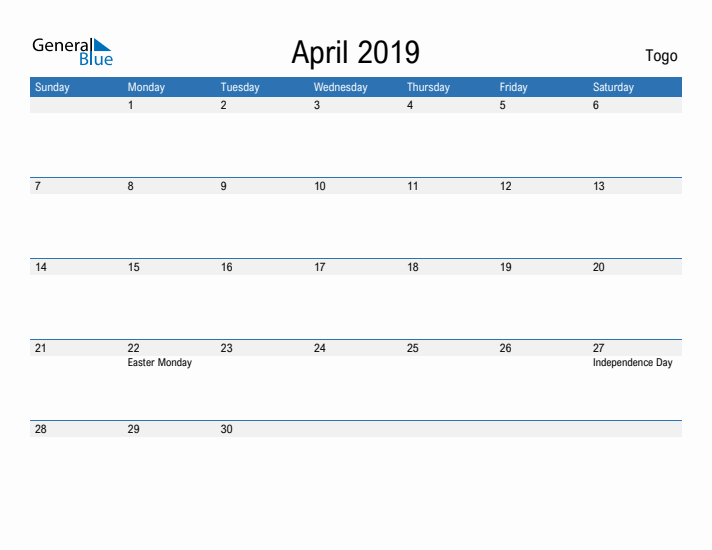 Fillable April 2019 Calendar