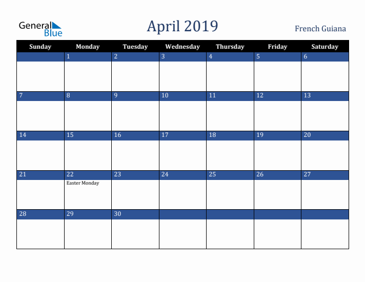 April 2019 French Guiana Calendar (Sunday Start)