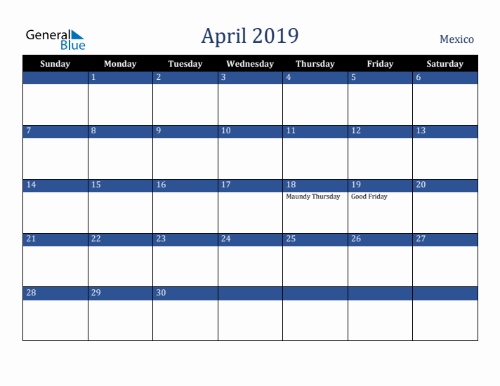 April 2019 Mexico Calendar (Sunday Start)