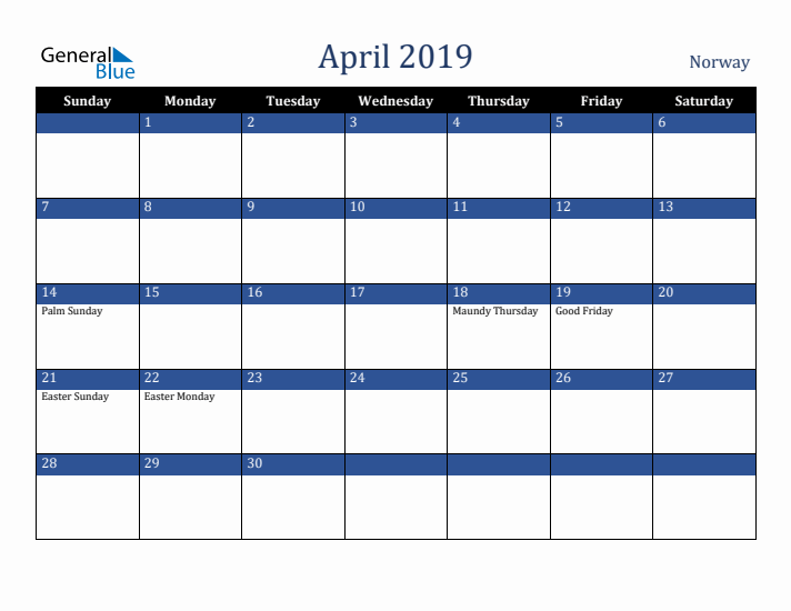 April 2019 Norway Calendar (Sunday Start)