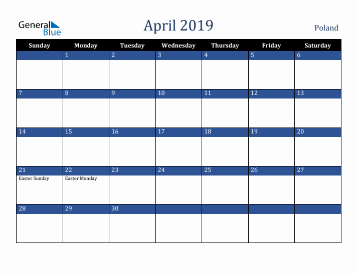 April 2019 Poland Calendar (Sunday Start)