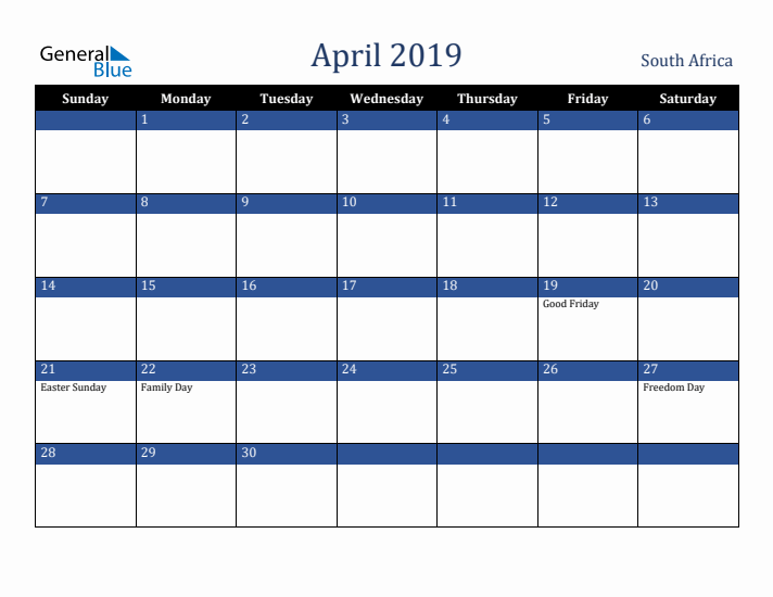 April 2019 South Africa Calendar (Sunday Start)