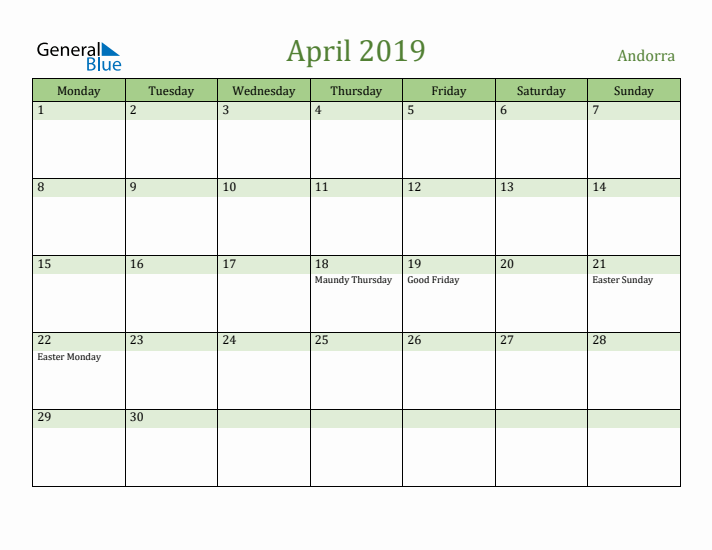 April 2019 Calendar with Andorra Holidays