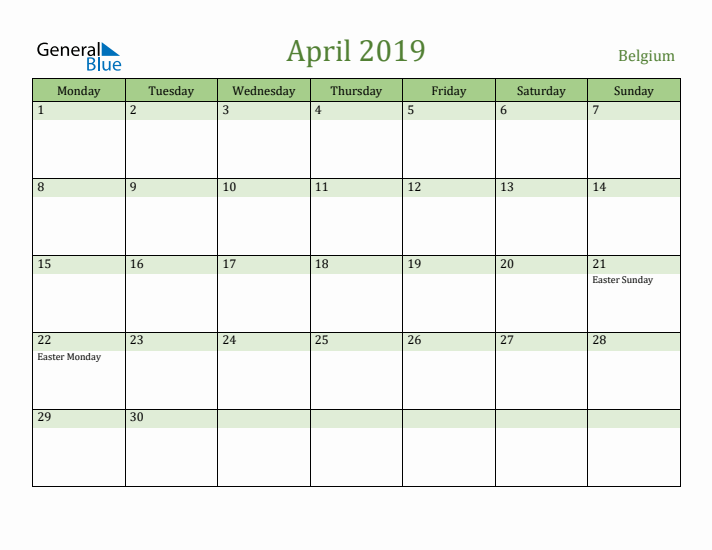 April 2019 Calendar with Belgium Holidays