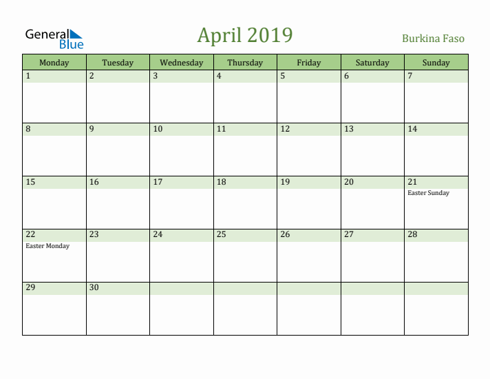 April 2019 Calendar with Burkina Faso Holidays