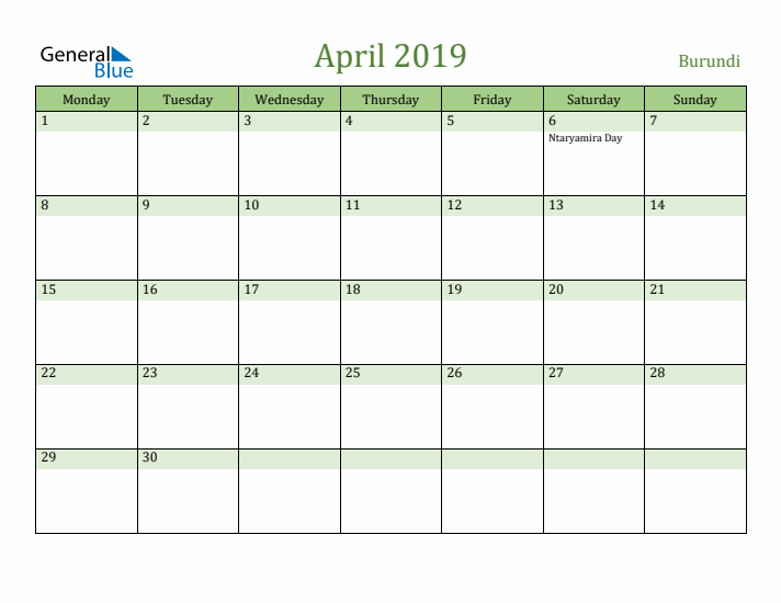 April 2019 Calendar with Burundi Holidays