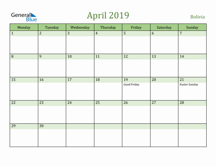 April 2019 Calendar with Bolivia Holidays