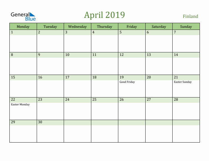 April 2019 Calendar with Finland Holidays