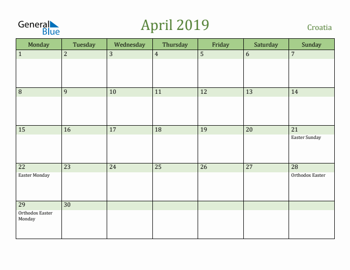 April 2019 Calendar with Croatia Holidays