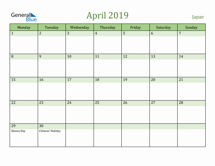 April 2019 Calendar with Japan Holidays