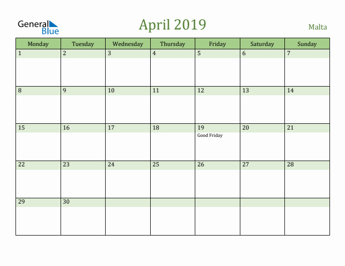 April 2019 Calendar with Malta Holidays