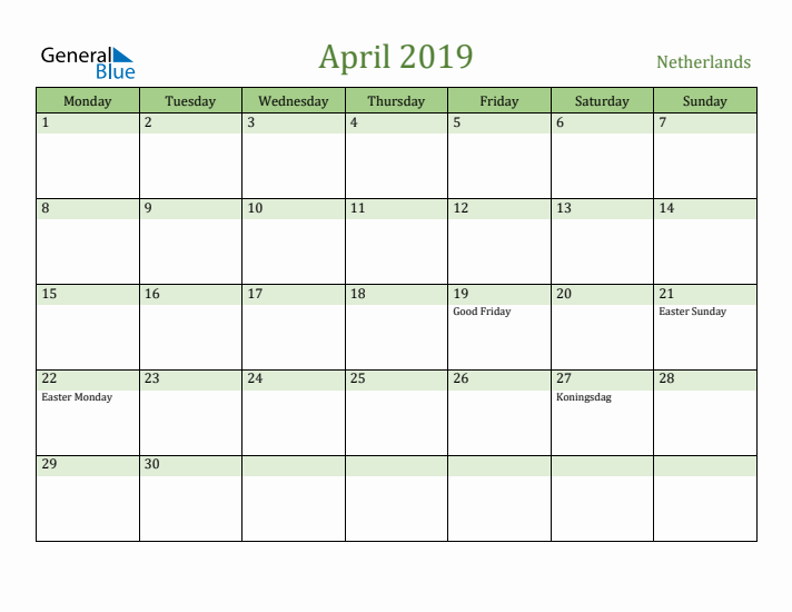 April 2019 Calendar with The Netherlands Holidays