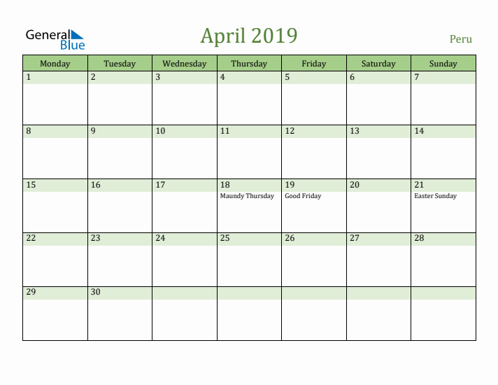 April 2019 Calendar with Peru Holidays