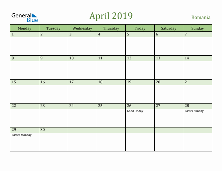 April 2019 Calendar with Romania Holidays