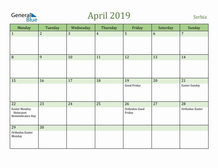 April 2019 Calendar with Serbia Holidays