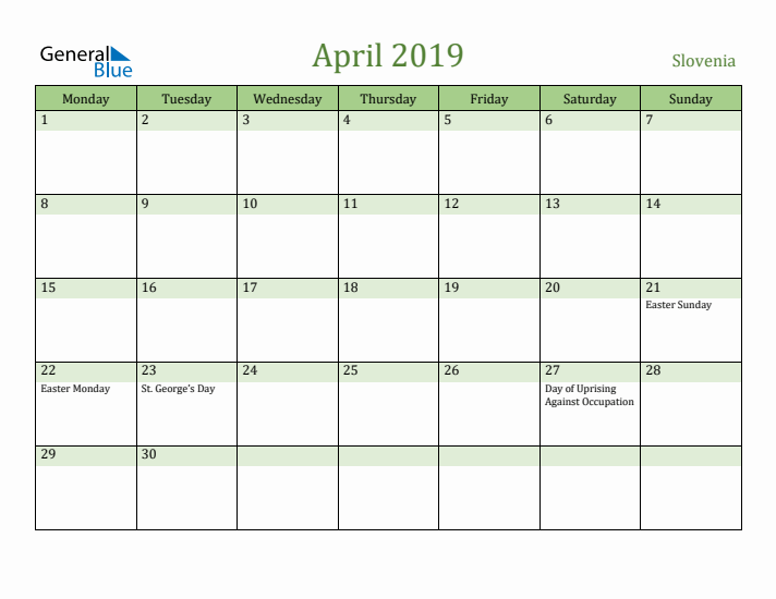 April 2019 Calendar with Slovenia Holidays