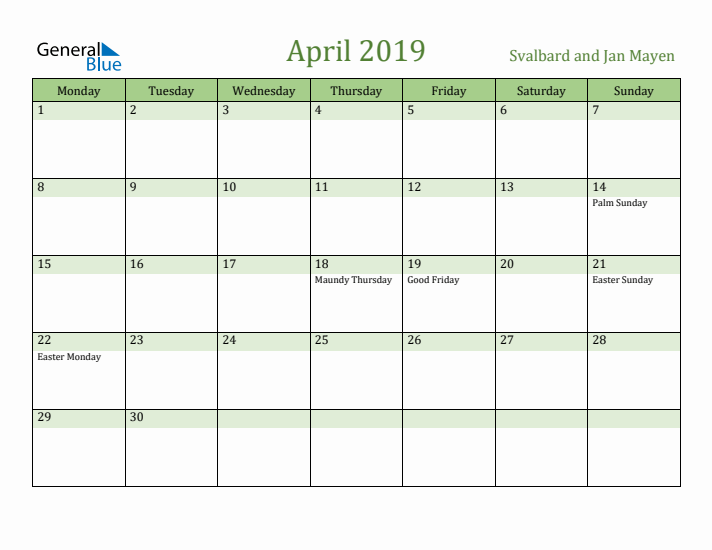 April 2019 Calendar with Svalbard and Jan Mayen Holidays