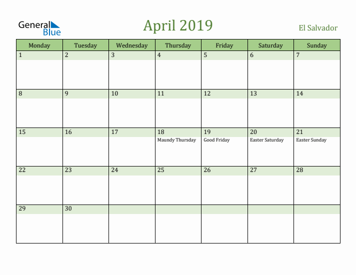 April 2019 Calendar with El Salvador Holidays