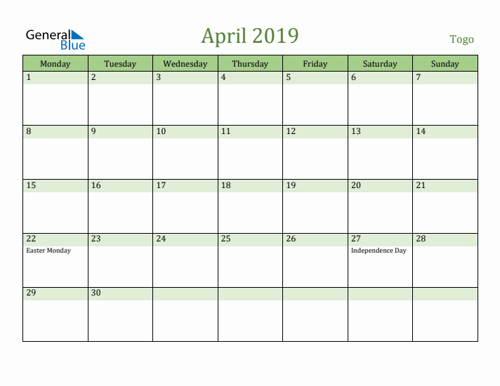 April 2019 Calendar with Togo Holidays