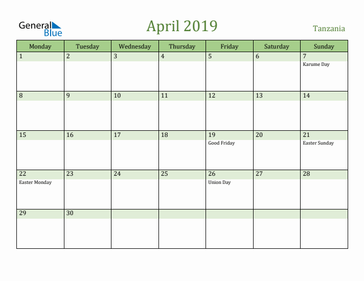 April 2019 Calendar with Tanzania Holidays