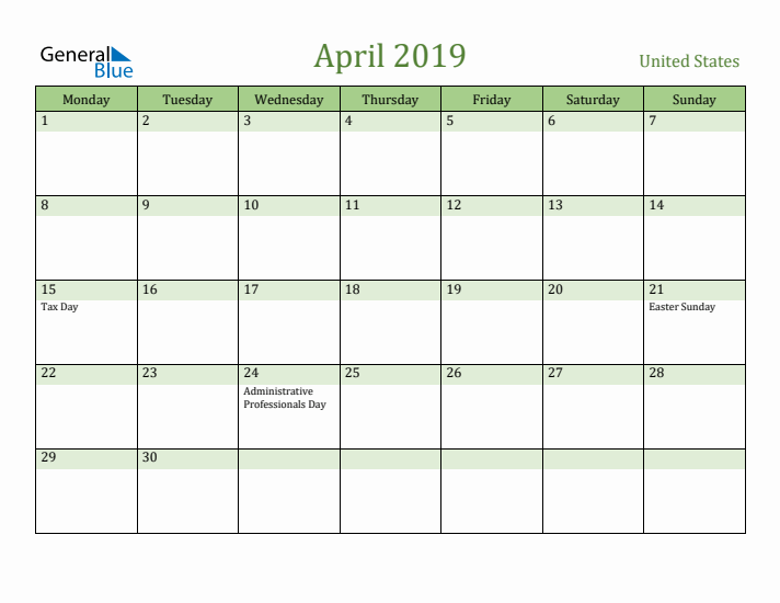 April 2019 Calendar with United States Holidays