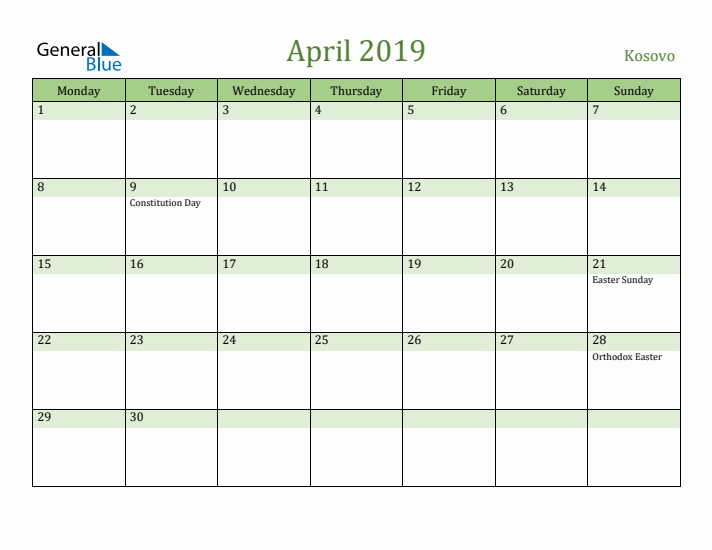 April 2019 Calendar with Kosovo Holidays