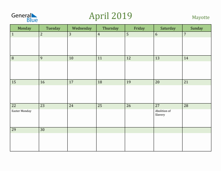 April 2019 Calendar with Mayotte Holidays