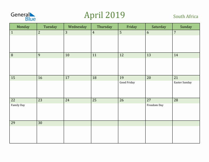 April 2019 Calendar with South Africa Holidays