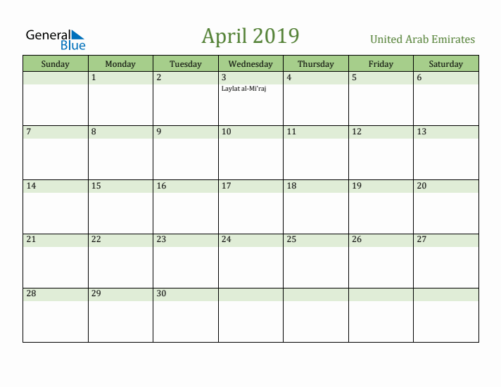 April 2019 Calendar with United Arab Emirates Holidays