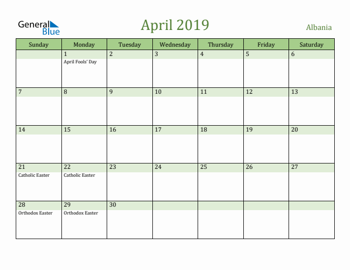 April 2019 Calendar with Albania Holidays