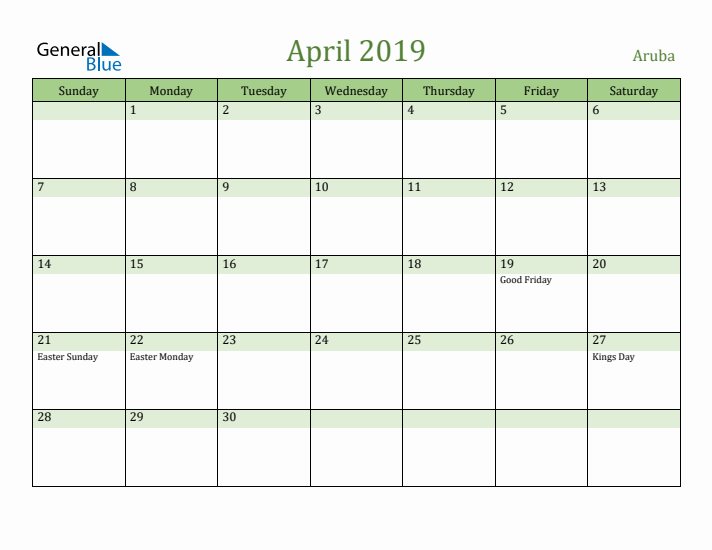 April 2019 Calendar with Aruba Holidays