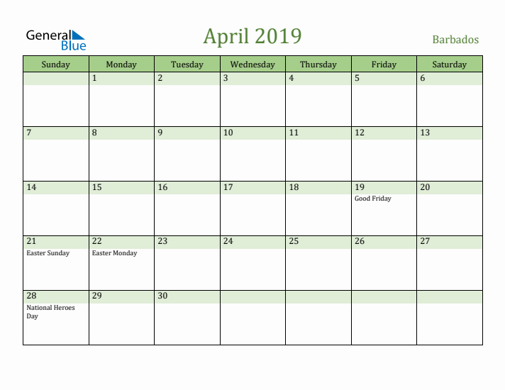 April 2019 Calendar with Barbados Holidays