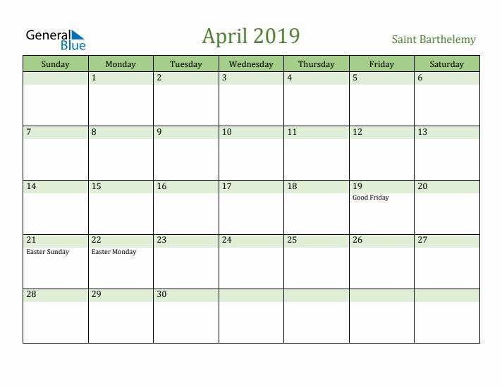 April 2019 Calendar with Saint Barthelemy Holidays