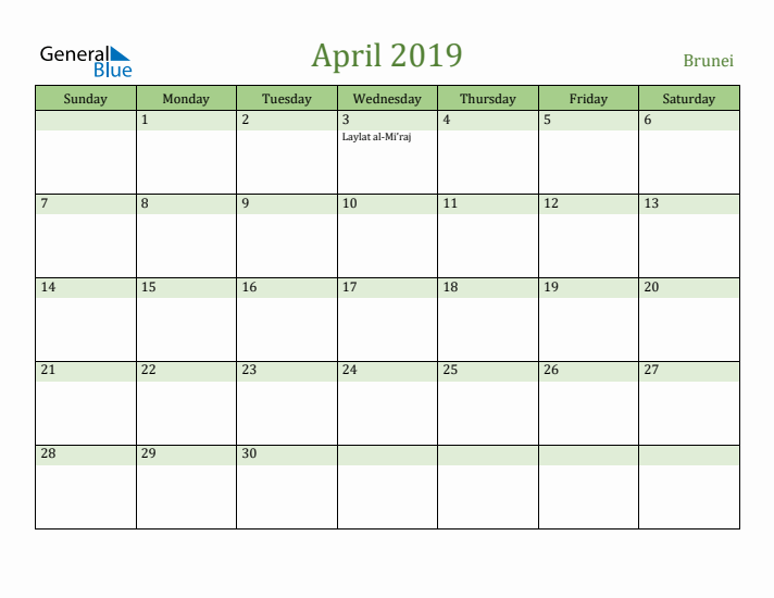 April 2019 Calendar with Brunei Holidays