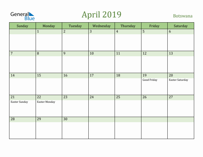 April 2019 Calendar with Botswana Holidays