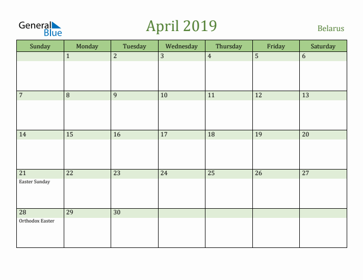 April 2019 Calendar with Belarus Holidays