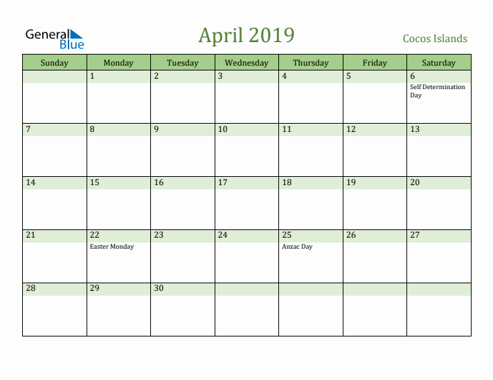 April 2019 Calendar with Cocos Islands Holidays