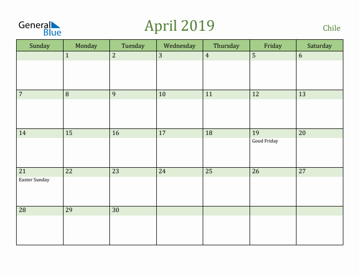 April 2019 Calendar with Chile Holidays