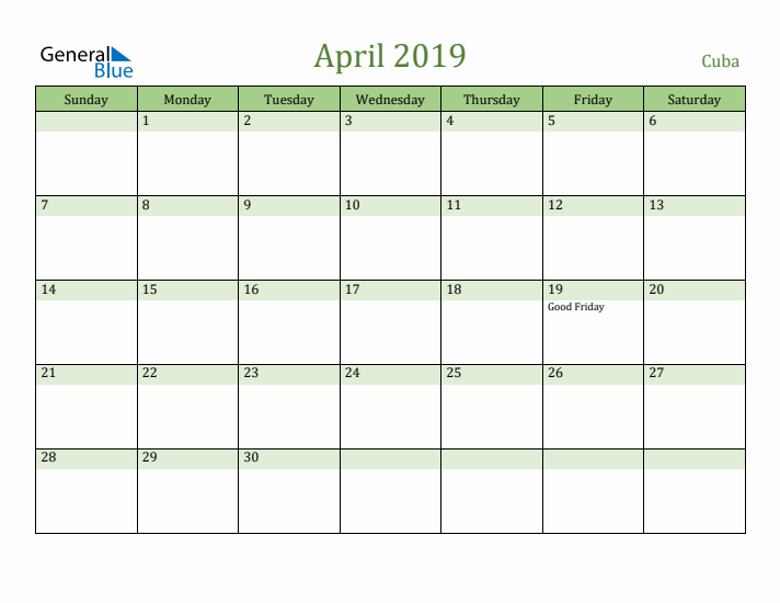 April 2019 Calendar with Cuba Holidays