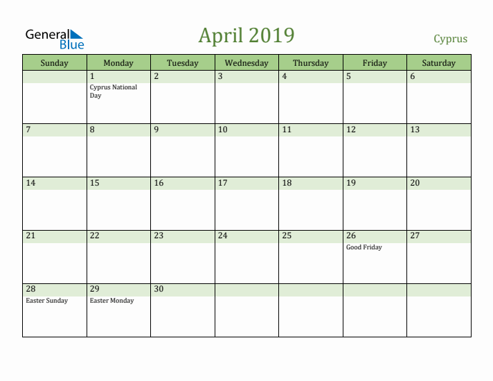 April 2019 Calendar with Cyprus Holidays