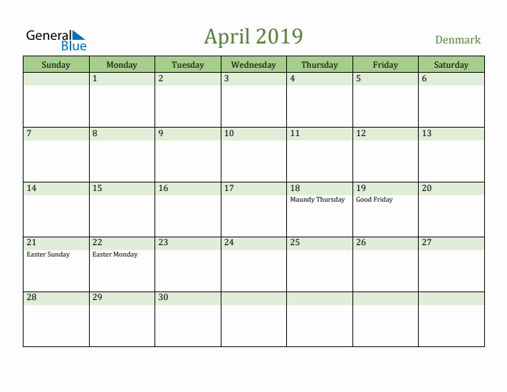 April 2019 Calendar with Denmark Holidays