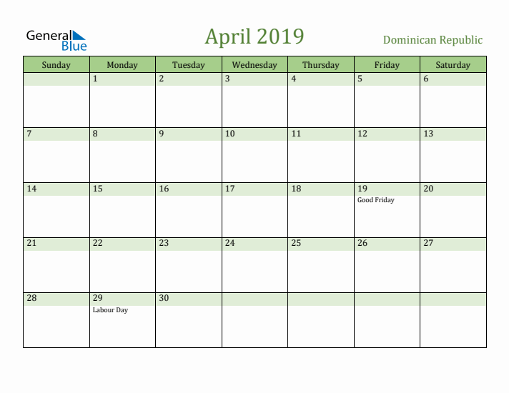 April 2019 Calendar with Dominican Republic Holidays