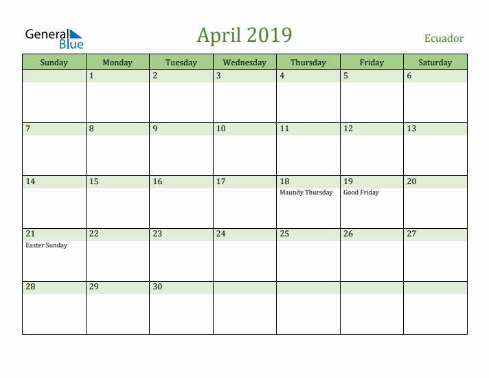 April 2019 Calendar with Ecuador Holidays