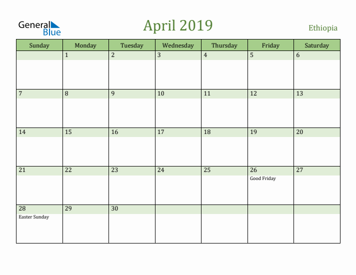 April 2019 Calendar with Ethiopia Holidays