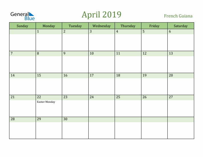 April 2019 Calendar with French Guiana Holidays