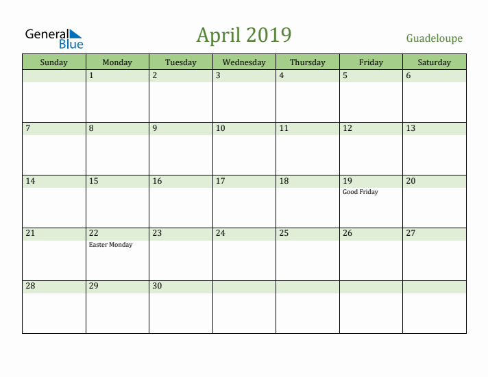 April 2019 Calendar with Guadeloupe Holidays