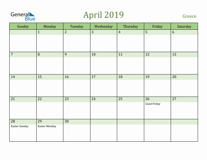 April 2019 Calendar with Greece Holidays