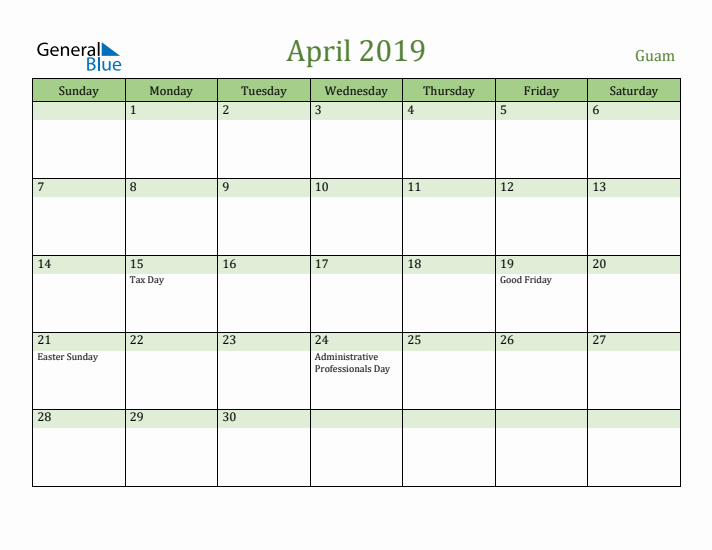 April 2019 Calendar with Guam Holidays