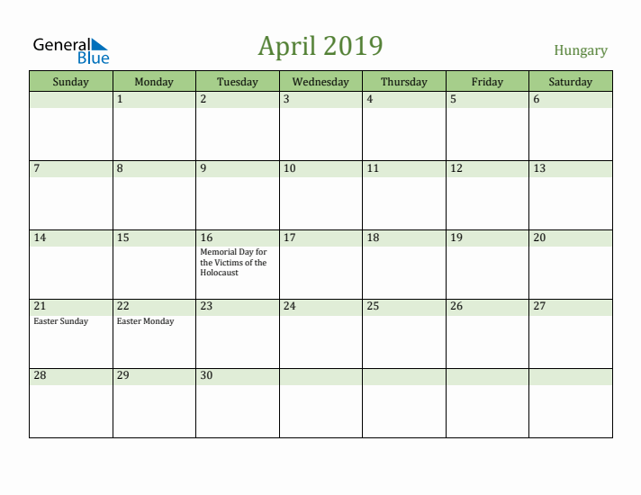 April 2019 Calendar with Hungary Holidays